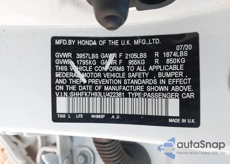 2020 Honda Civic Sport Touring z USA, uszkodzony, nr VIN SHHFK7H93LU422381